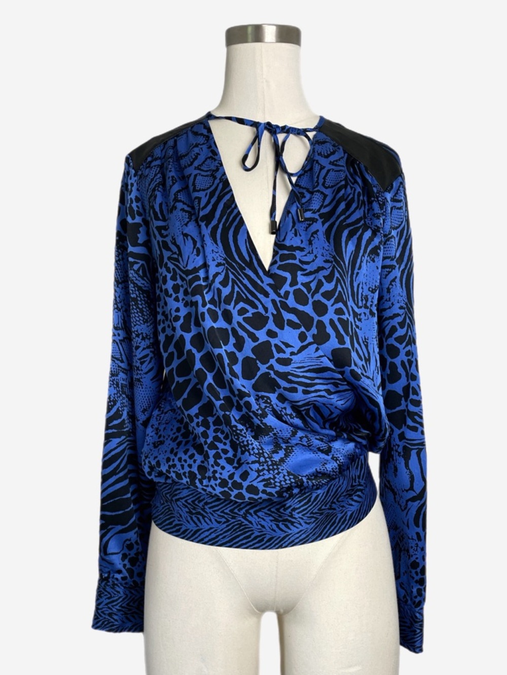Caché Blue silk zebra snake print faux wrap blouse faux leather patch Mobwife S